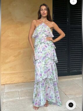 elliatt mirabelle purple floral tiered ruffle halter neck maxi dress medium NEW